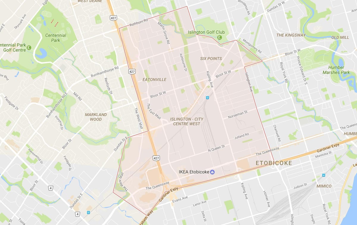 মানচিত্র Islington-সিটি সেন্টার, পশ্চিম পাড়া, টরন্টো