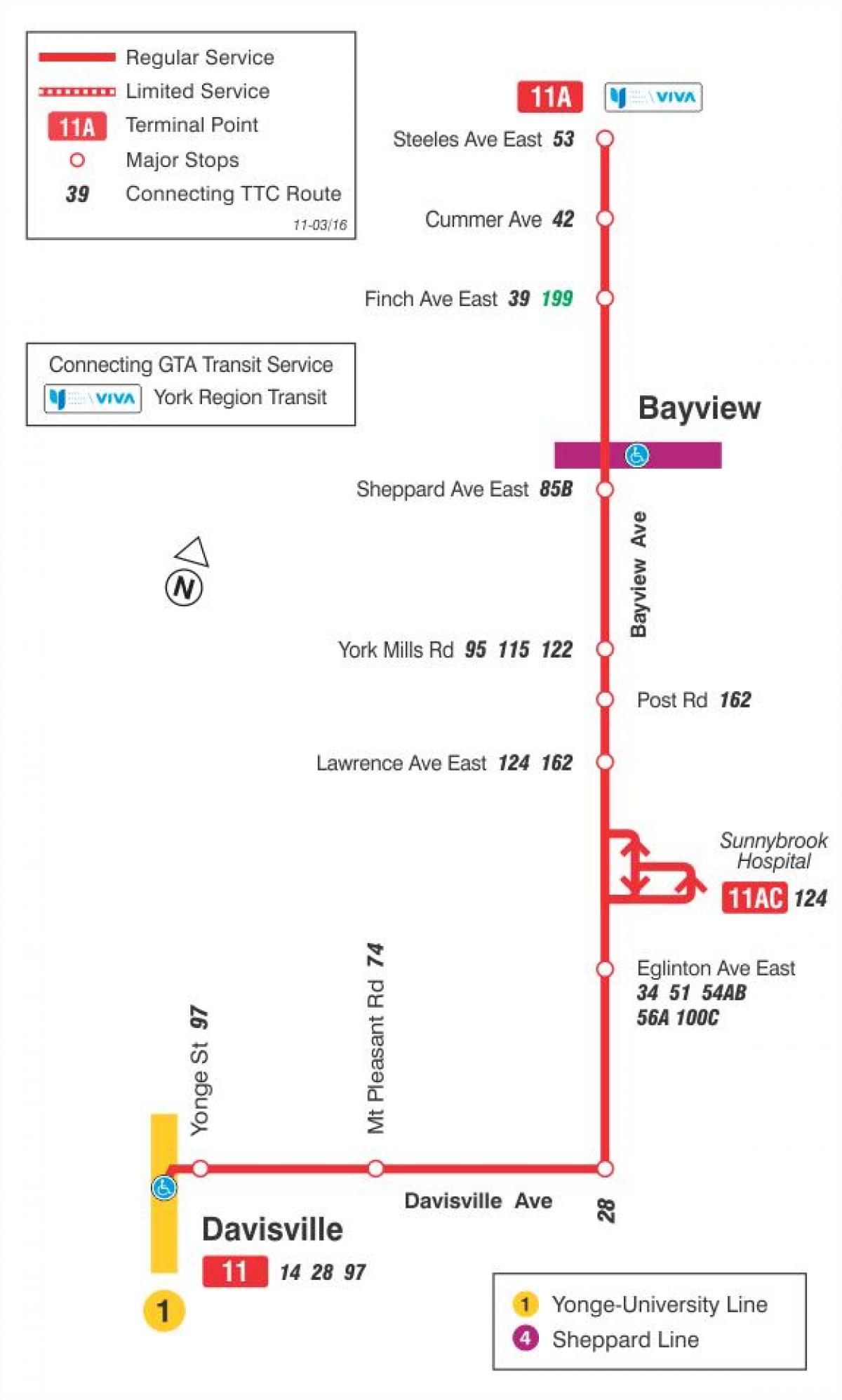 মানচিত্র TTC 11 Bayview বাস রুট টরন্টো