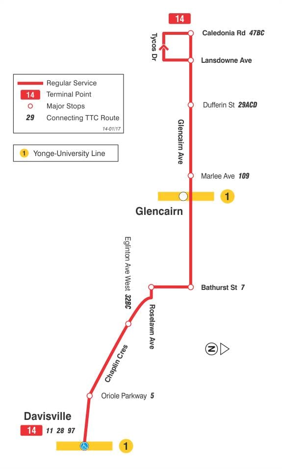 মানচিত্র TTC 14 Glencairn বাস রুট টরন্টো