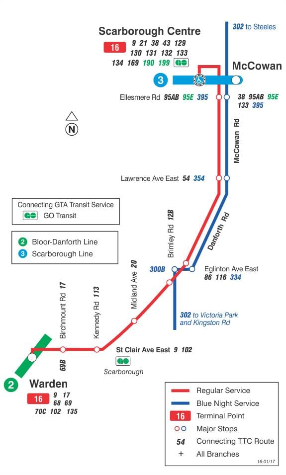 মানচিত্র TTC 16 McCowan বাস রুট টরন্টো