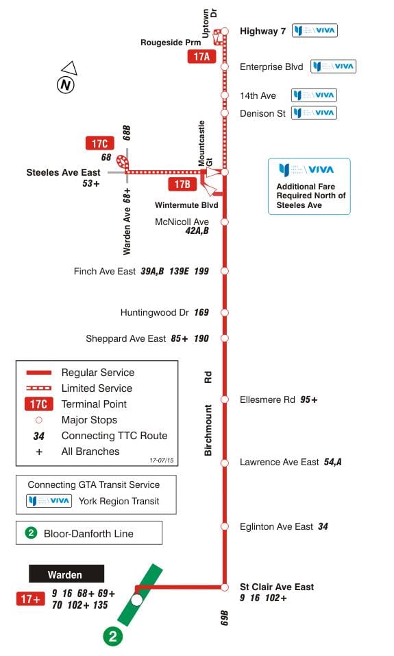 মানচিত্র TTC 17 Birchmount বাস রুট টরন্টো