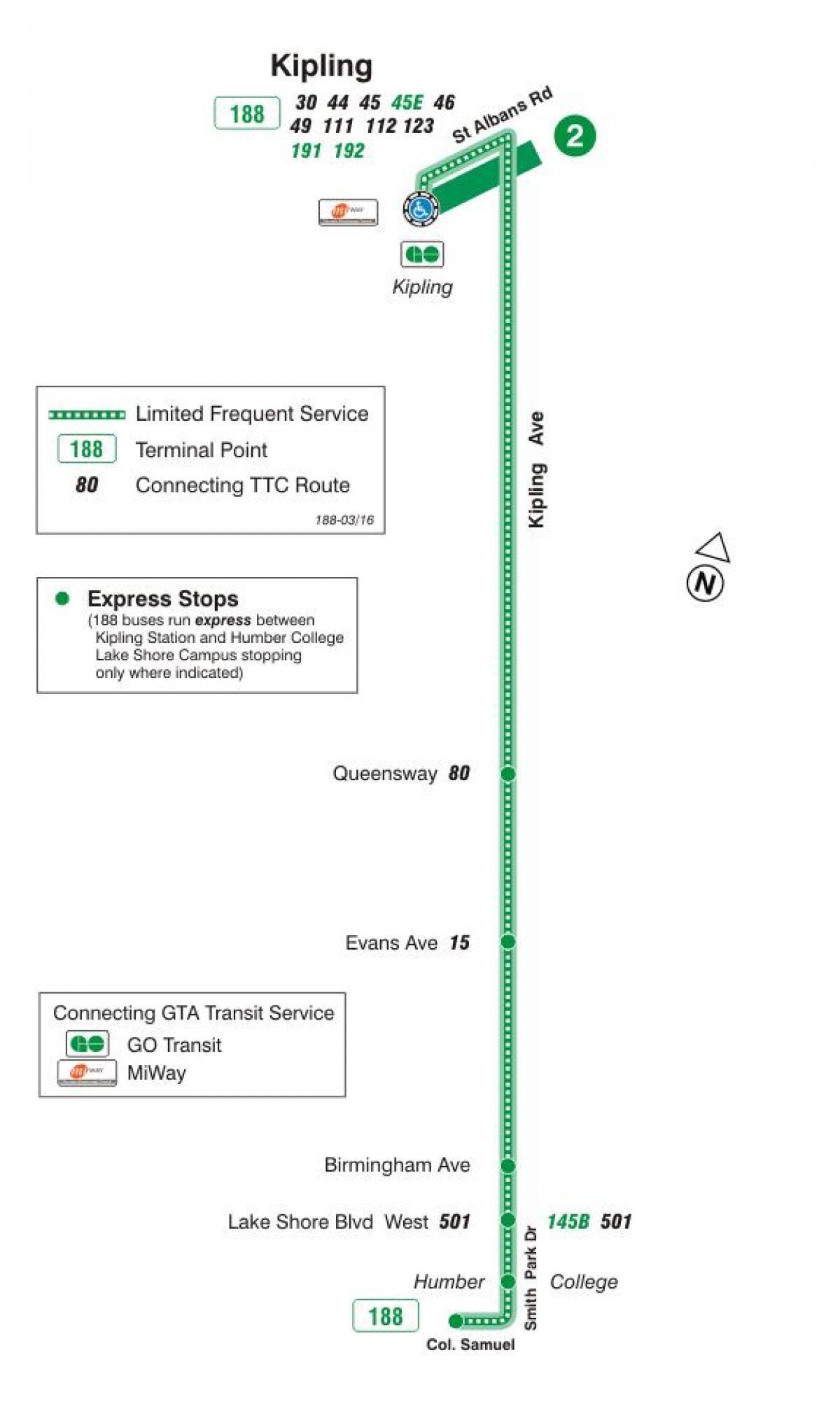 মানচিত্র TTC 188 কিপলিং দক্ষিণ রকেট বাস রুট টরন্টো