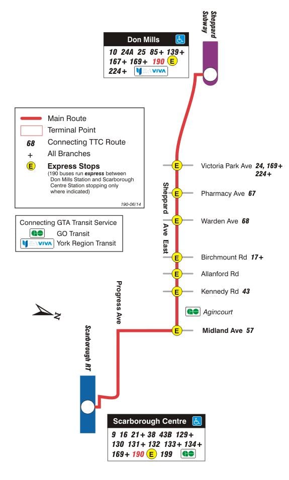 মানচিত্র TTC 190 Scarborough সেন্টার রকেট বাস রুট টরন্টো
