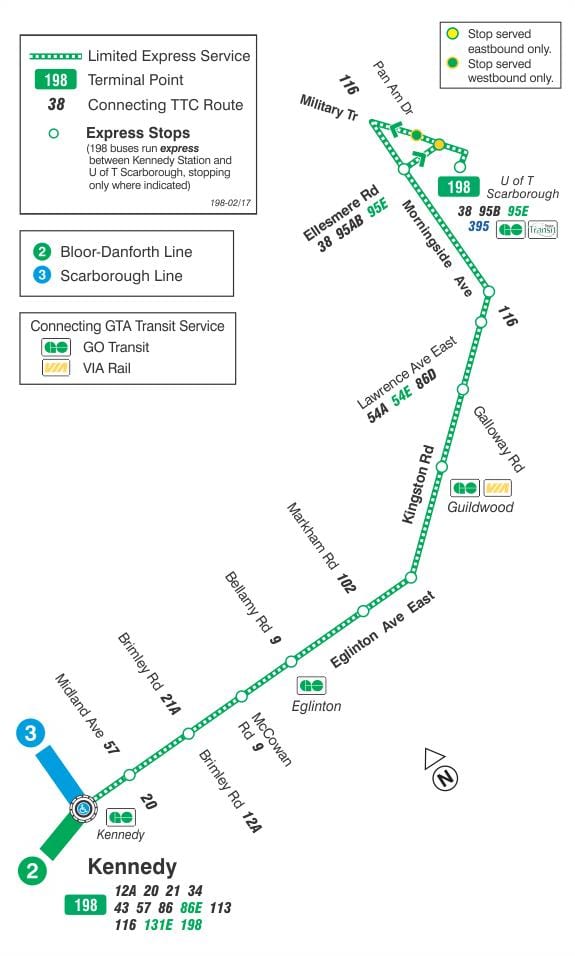 মানচিত্র TTC 198 U of T Scarborough রকেট বাস রুট টরন্টো