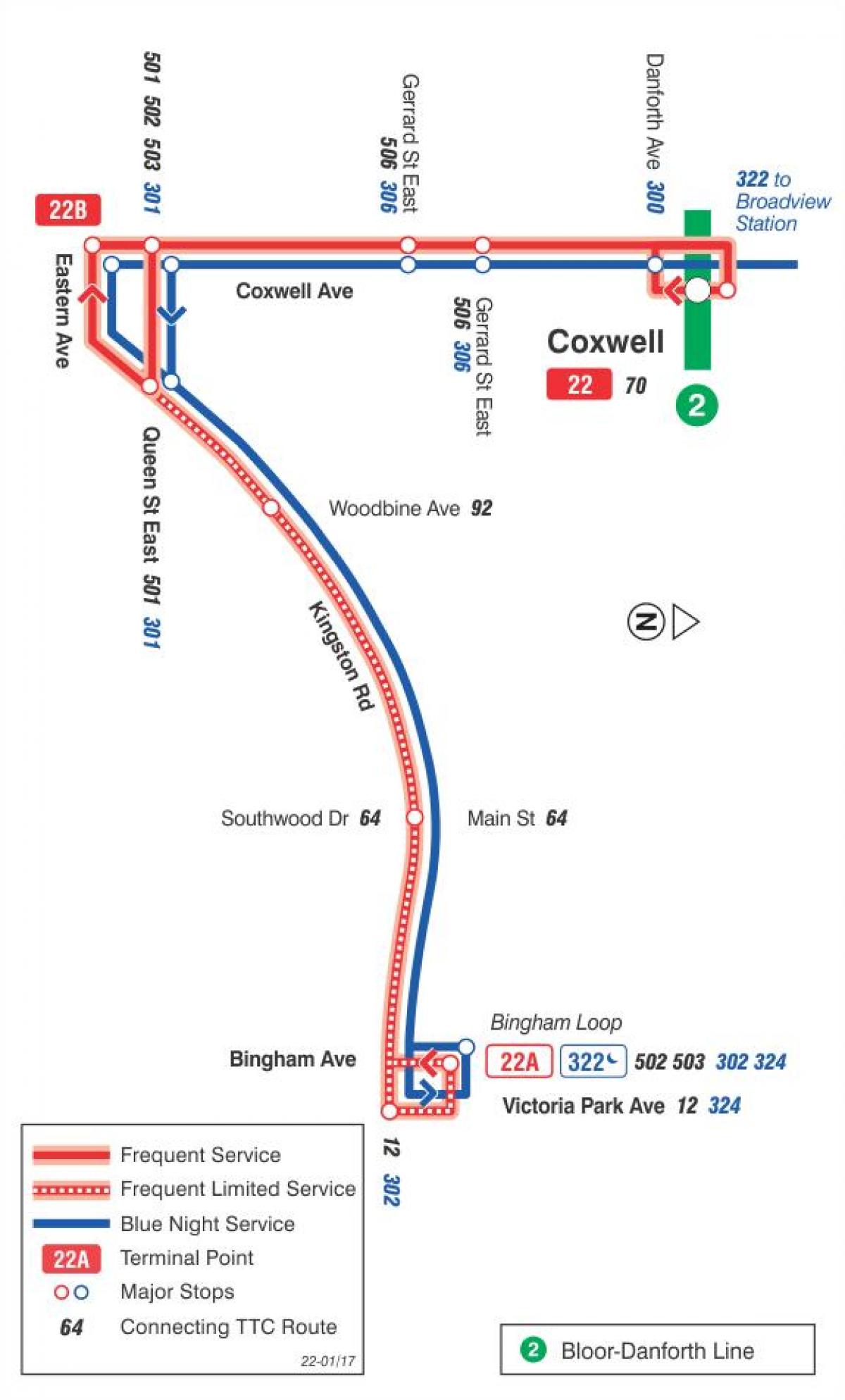 মানচিত্র TTC 22 Coxwell বাস রুট টরন্টো