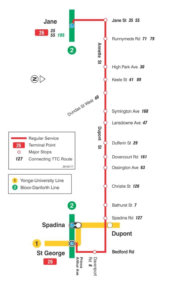 মানচিত্র TTC 26 Dupont বাস রুট টরন্টো
