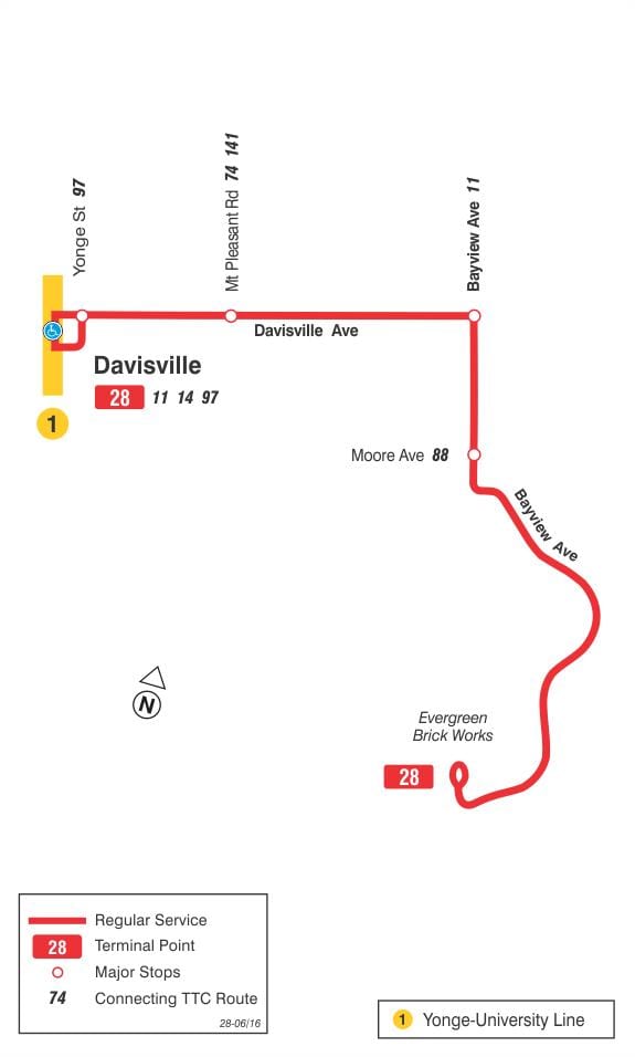 মানচিত্র TTC 28 Bayview দক্ষিণ বাস রুট টরন্টো