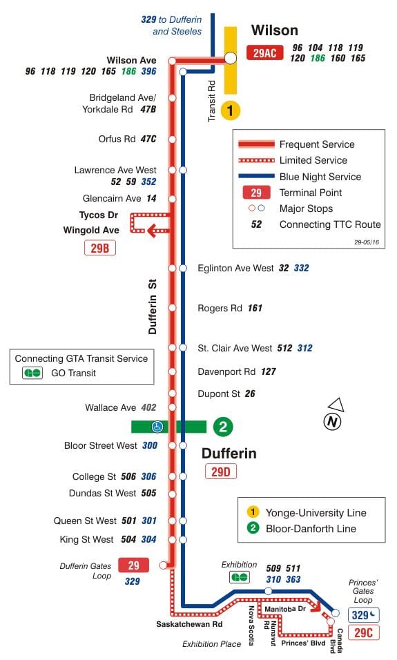 মানচিত্র TTC 29 ডাফরিন ও আভা বাস রুট টরন্টো