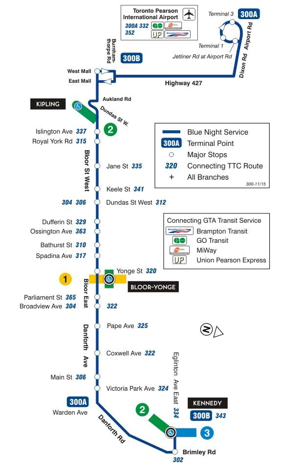 মানচিত্র TTC 300A Bloor-Danforth বাস রুট টরন্টো