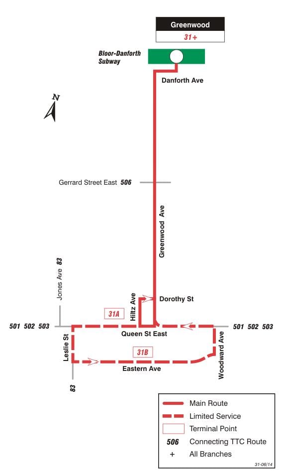 মানচিত্র TTC 31 Greenwood বাস রুট টরন্টো