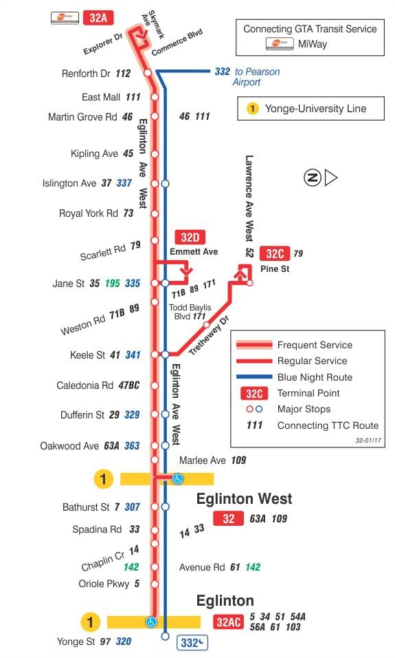 মানচিত্র TTC 32 Eglinton ওয়েস্ট বাস রুট টরন্টো