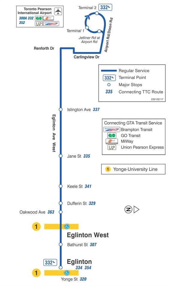 মানচিত্র TTC 332 Eglinton ওয়েস্ট বাস রুট টরন্টো