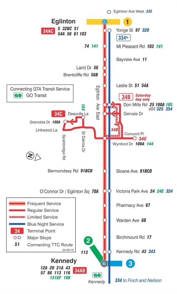 মানচিত্র TTC 34 Eglinton East বাস রুট টরন্টো