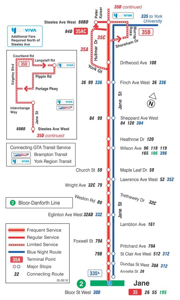 মানচিত্র TTC 35 জেন বাস রুট টরন্টো