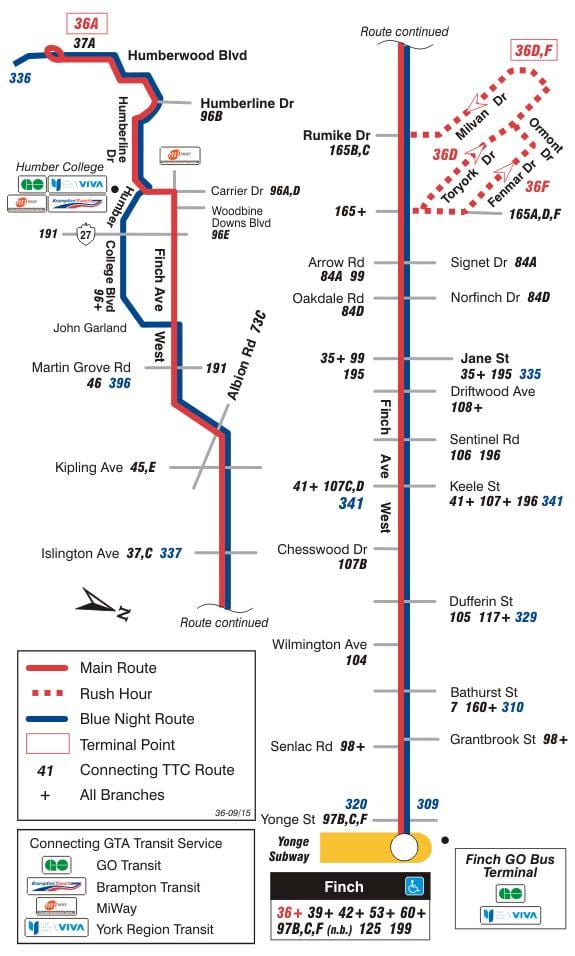 মানচিত্র TTC 36 ফিঞ্চ, ওয়েস্ট বাস রুট টরন্টো