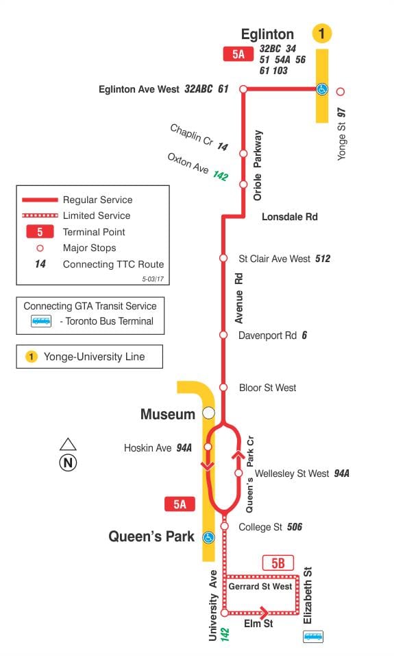 মানচিত্র TTC 5 এভিনিউ য় বাস রুট টরন্টো
