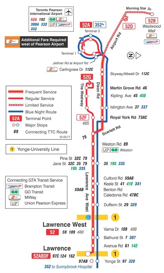 মানচিত্র TTC 52 লরেন্স ওয়েস্ট বাস রুট টরন্টো