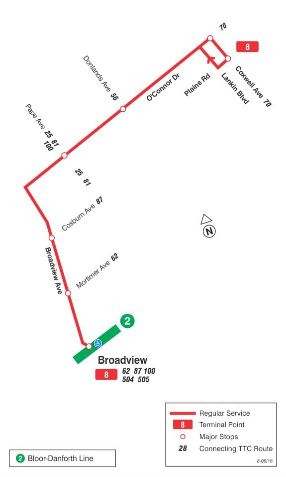 মানচিত্র TTC 8 Broadview বাস রুট টরন্টো
