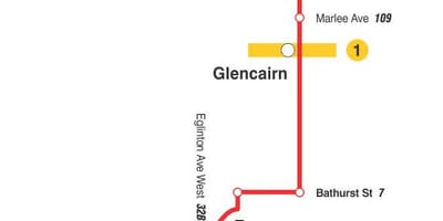 মানচিত্র TTC 14 Glencairn বাস রুট টরন্টো