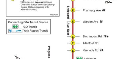 মানচিত্র TTC 190 Scarborough সেন্টার রকেট বাস রুট টরন্টো