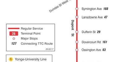 মানচিত্র TTC 26 Dupont বাস রুট টরন্টো