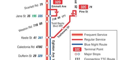 মানচিত্র TTC 32 Eglinton ওয়েস্ট বাস রুট টরন্টো