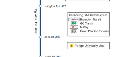 মানচিত্র TTC 332 Eglinton ওয়েস্ট বাস রুট টরন্টো