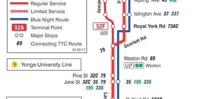 মানচিত্র TTC 52 লরেন্স ওয়েস্ট বাস রুট টরন্টো